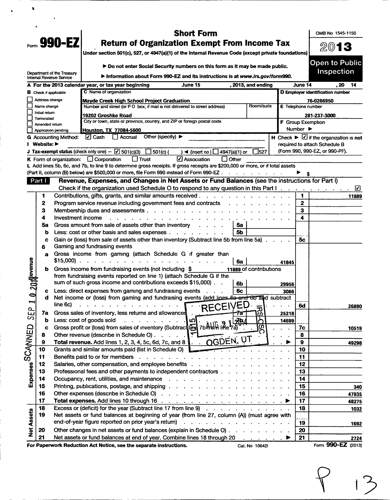 Image of first page of 2013 Form 990EZ for Mayde Creek Project Graduation