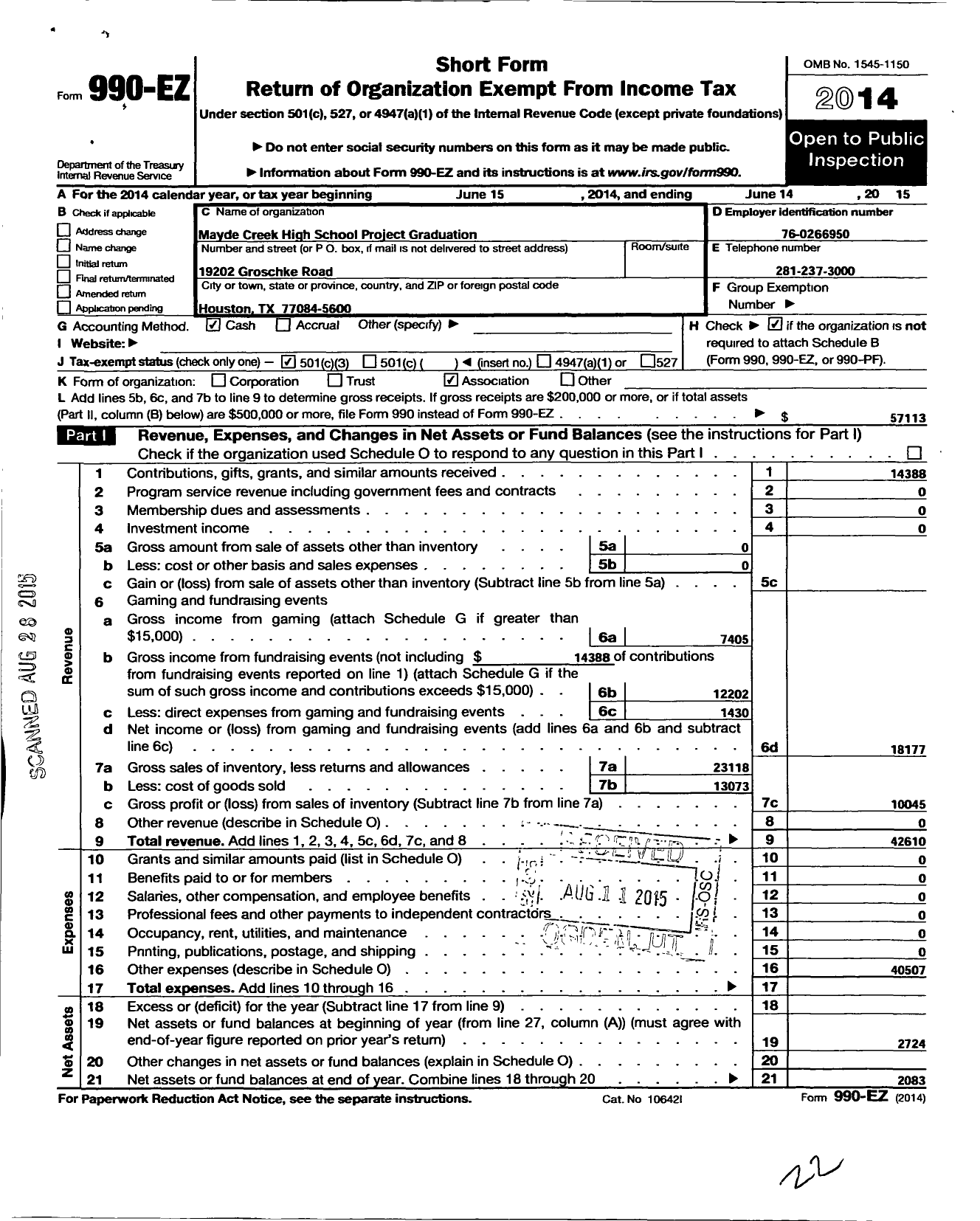 Image of first page of 2014 Form 990EZ for Mayde Creek Project Graduation