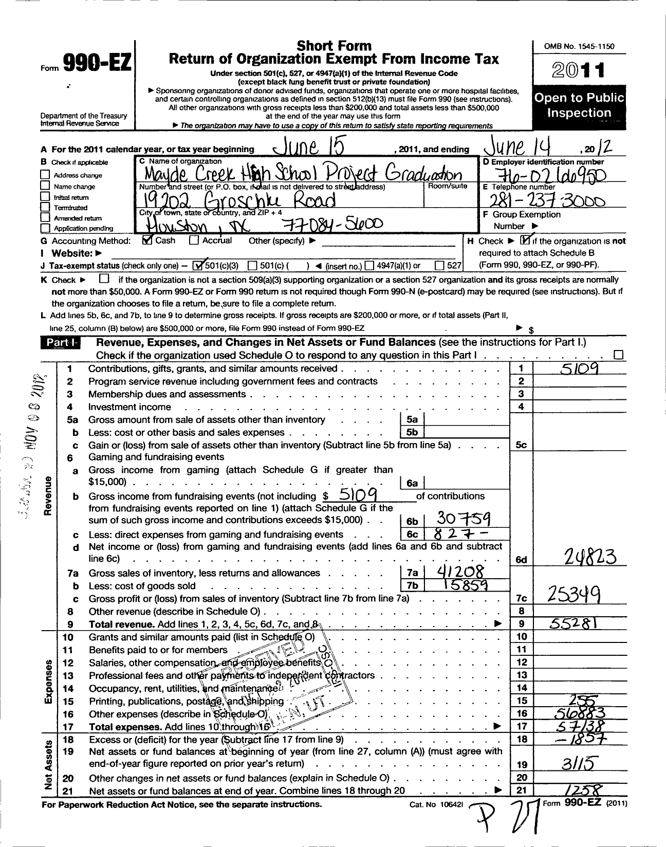 Image of first page of 2011 Form 990EZ for Mayde Creek Project Graduation