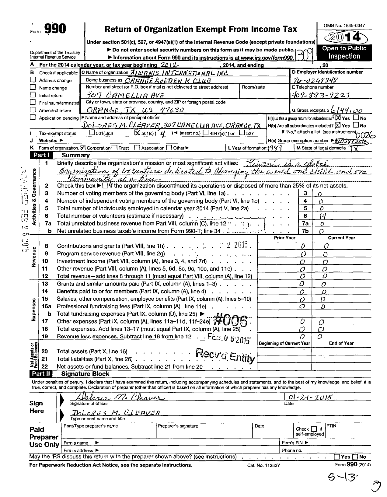 Image of first page of 2012 Form 990O for Kiwanis International - K12596 Orange Golden K