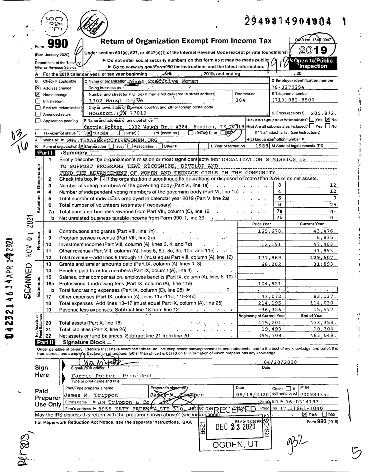 Image of first page of 2019 Form 990 for Texas Executive Women / Carolyn Carrie Potter