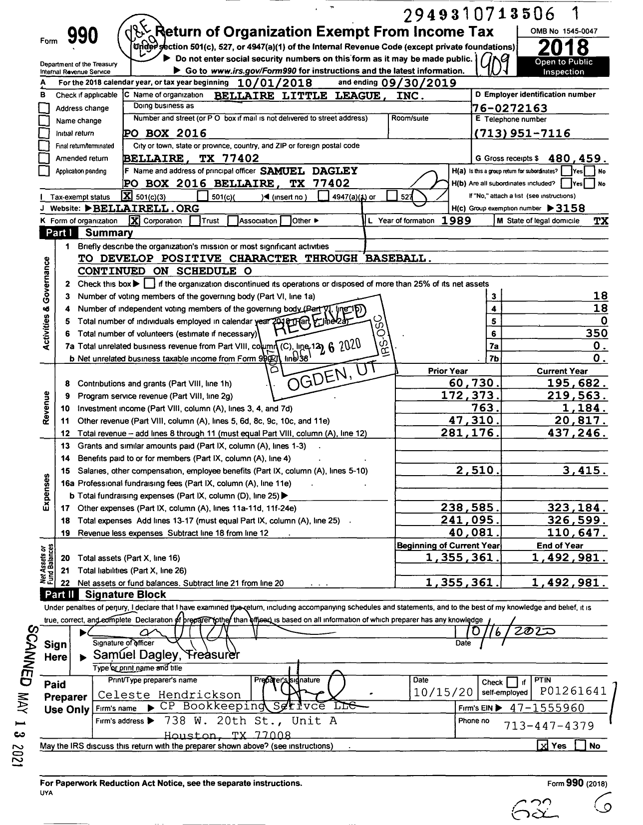 Image of first page of 2018 Form 990 for Little League Baseball - 3431602 Bellaire LL