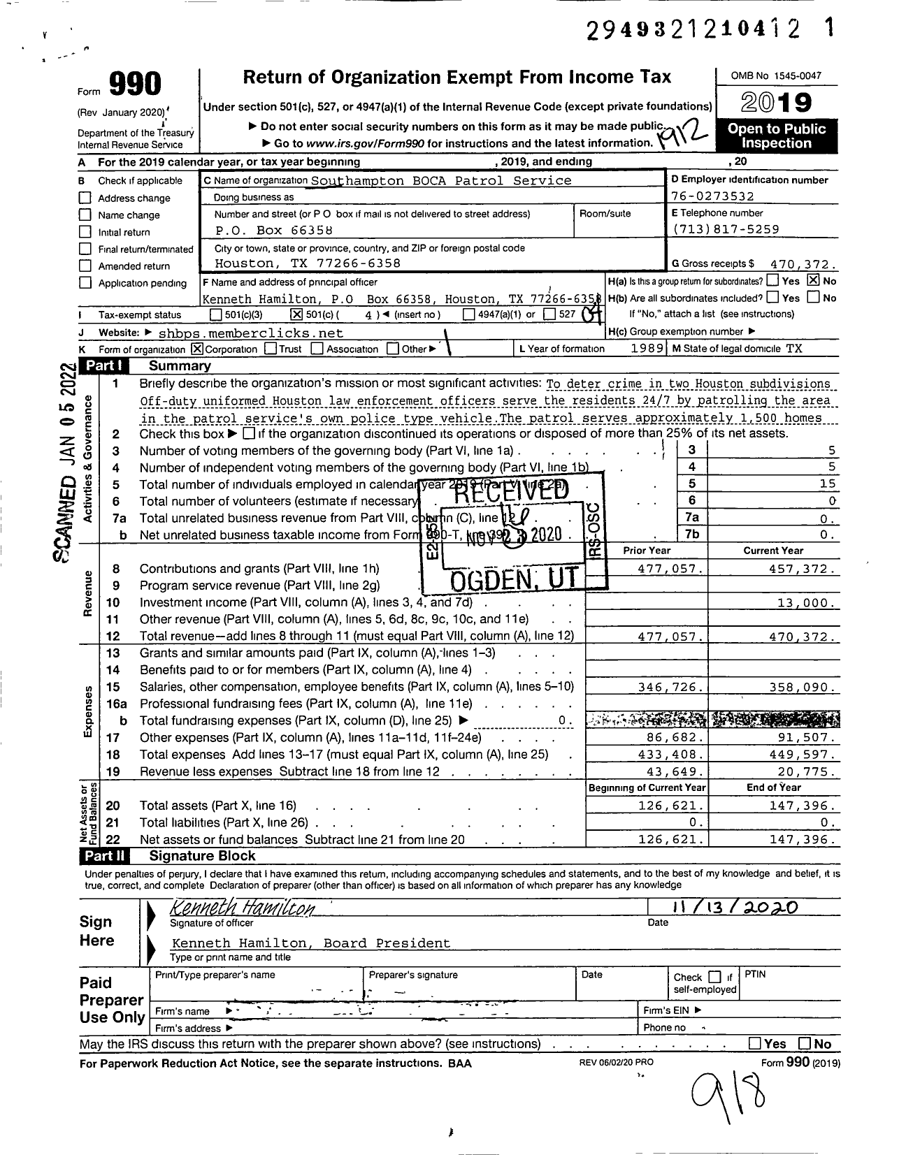 Image of first page of 2019 Form 990O for Southampton Boca Patrol Service