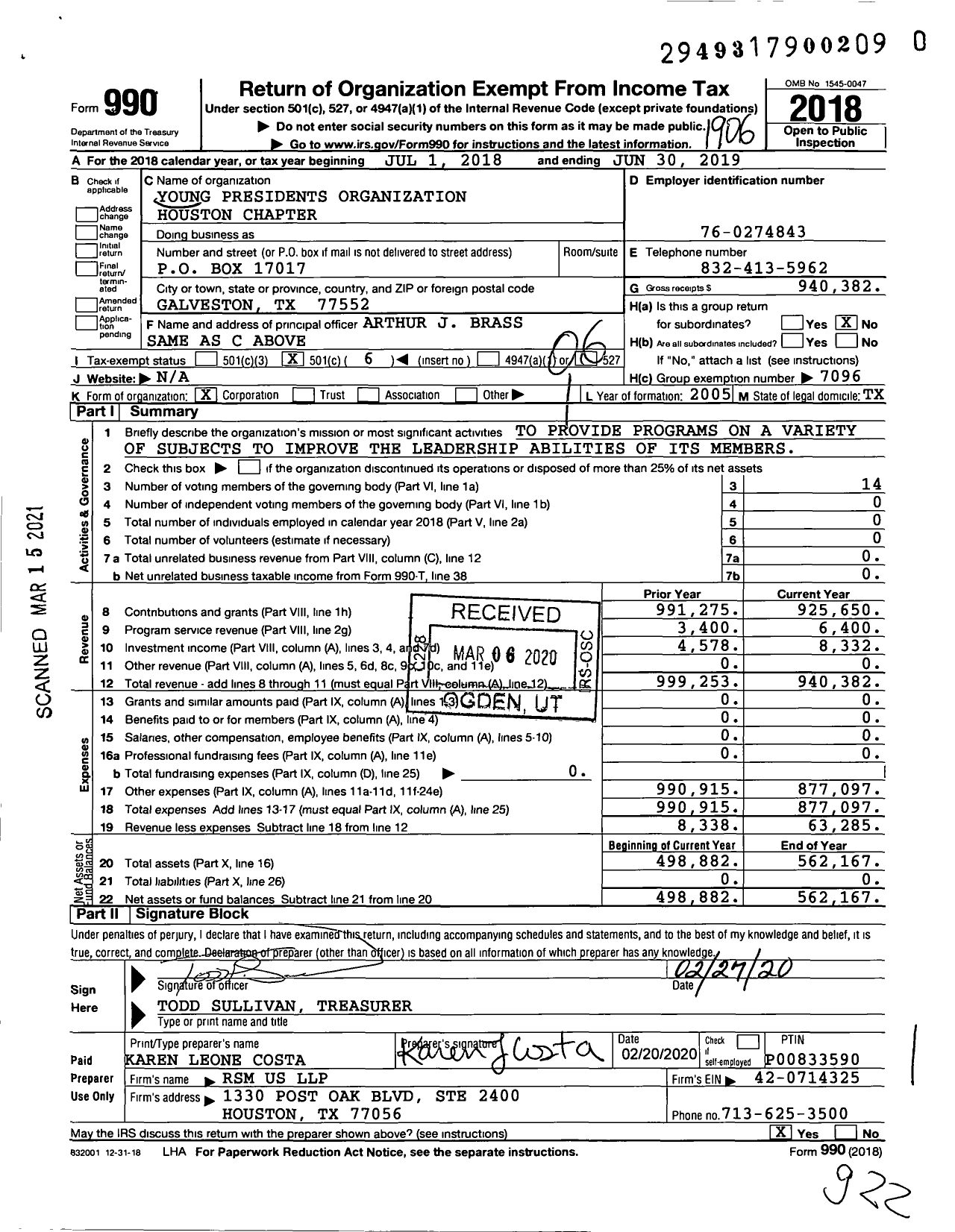 Image of first page of 2018 Form 990O for Young Presidents Organization Houston Chapter