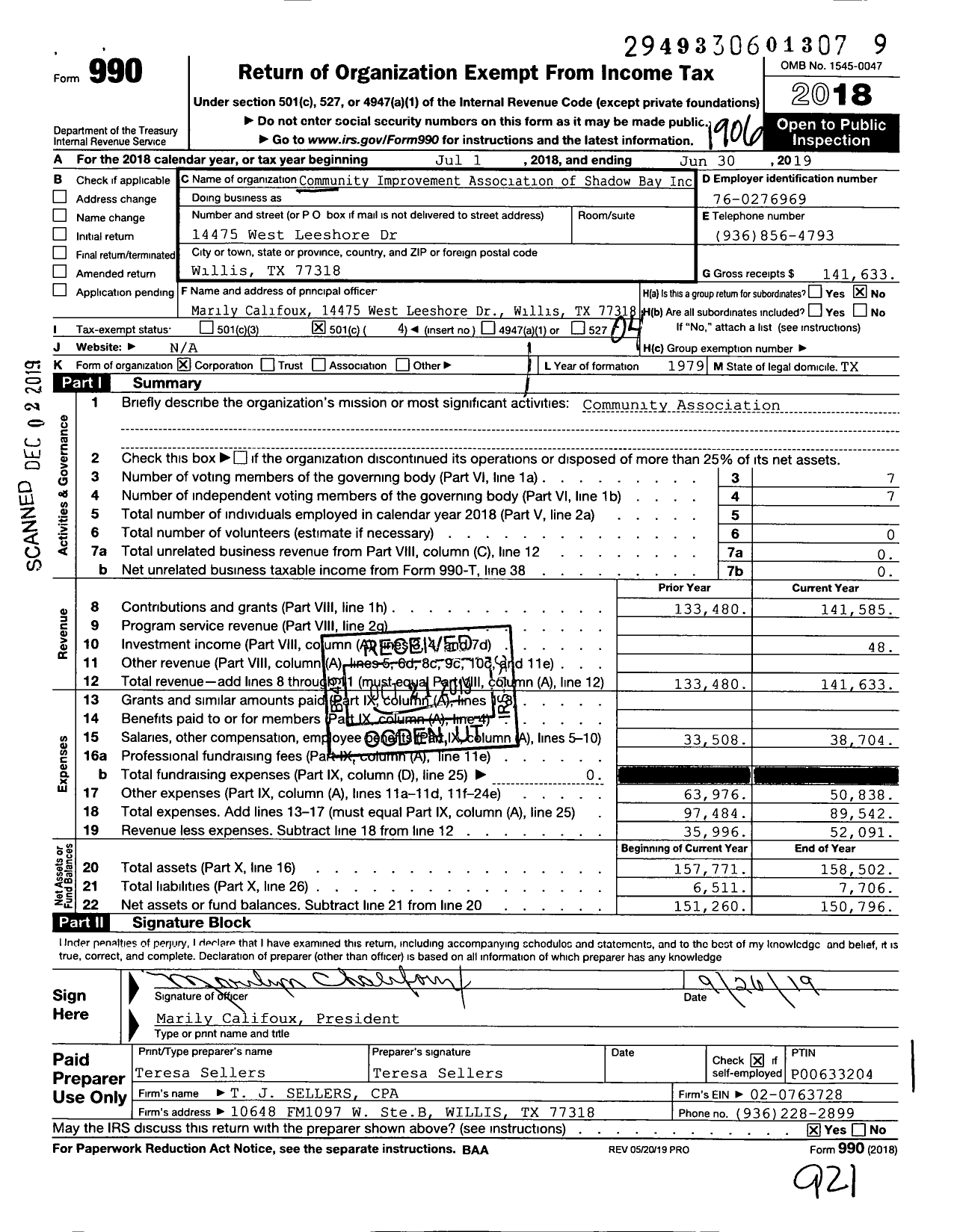 Image of first page of 2018 Form 990O for Community Management Association of Shadow Bay