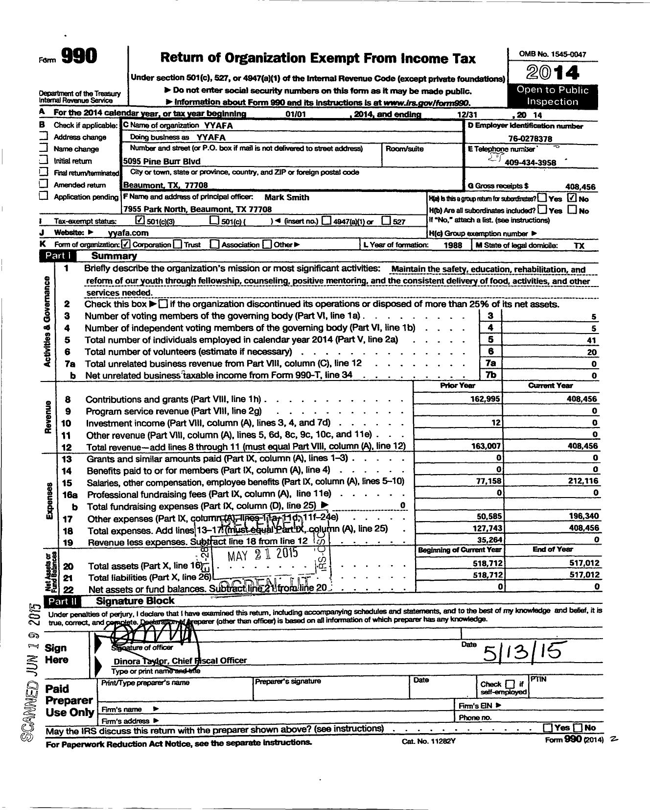 Image of first page of 2014 Form 990 for Young Adult Fellowship Alliance