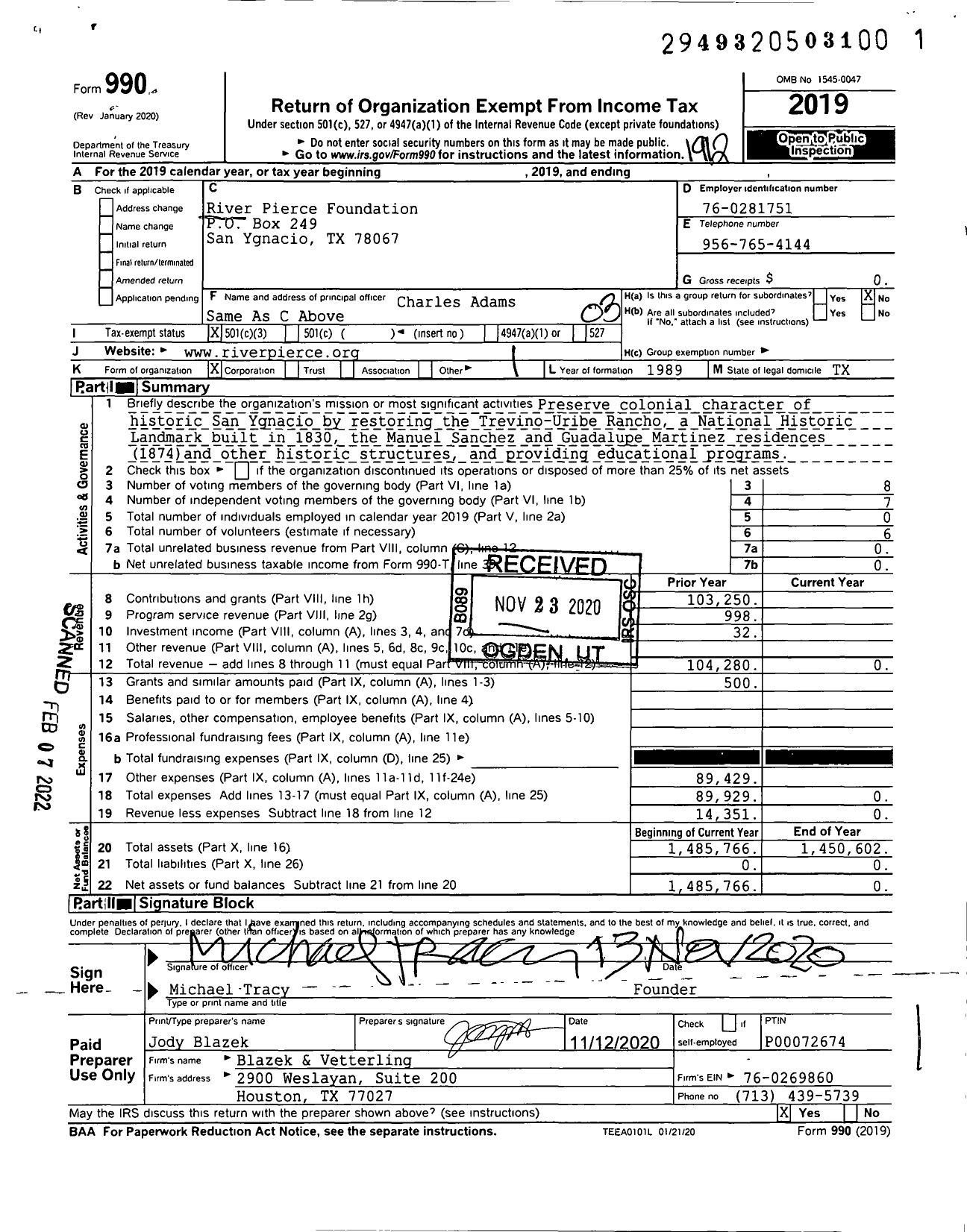 Image of first page of 2019 Form 990 for River Pierce Foundation