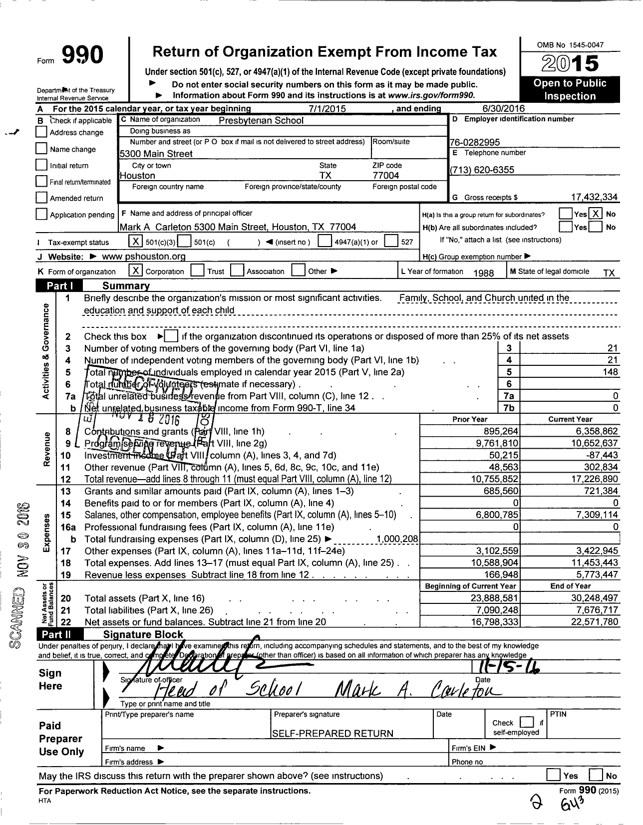 Image of first page of 2015 Form 990 for Presbyterian School