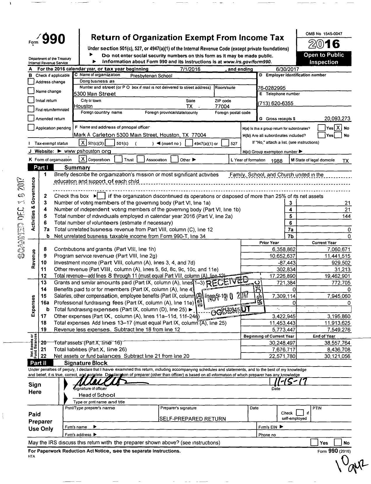 Image of first page of 2016 Form 990 for Presbyterian School