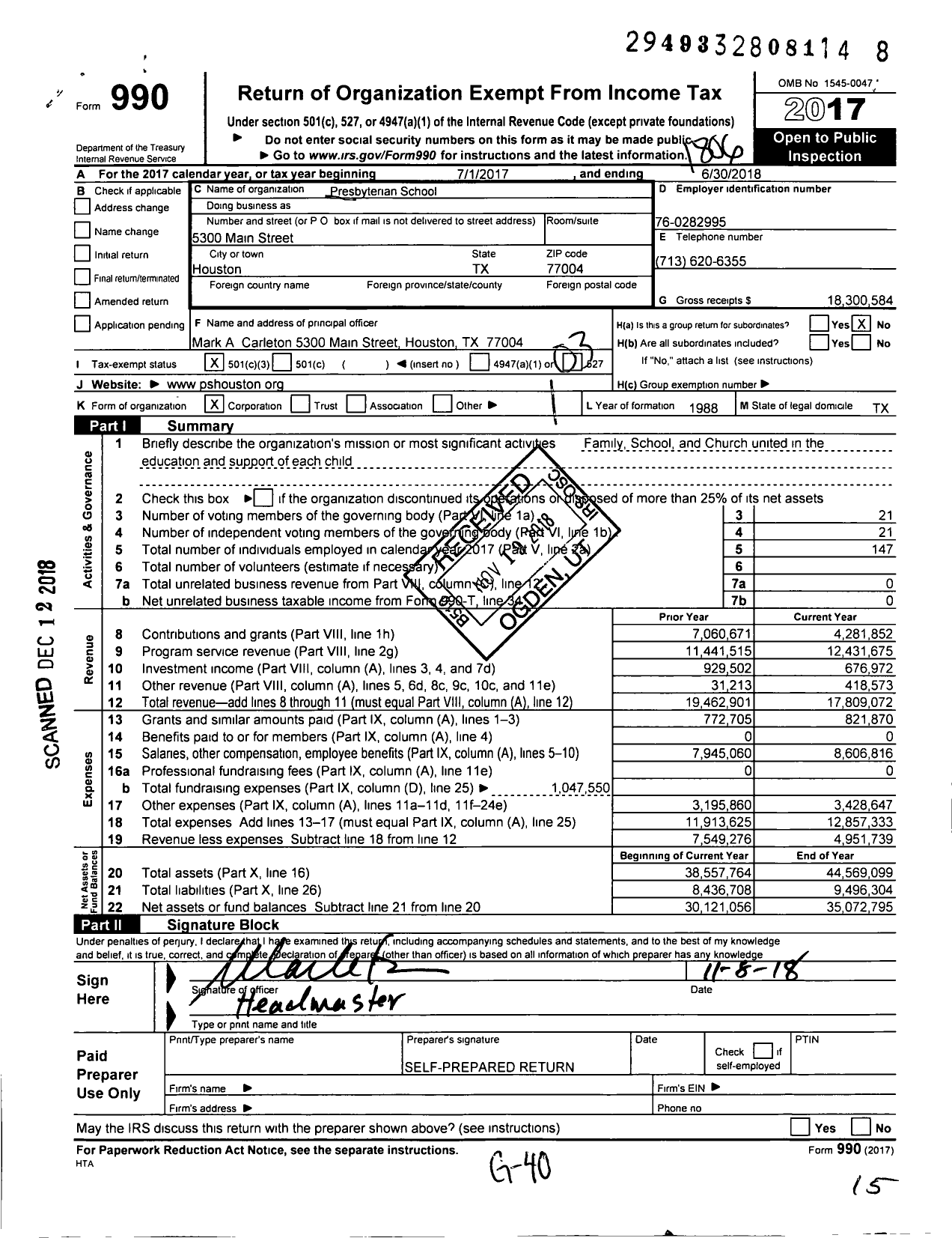 Image of first page of 2017 Form 990 for Presbyterian School