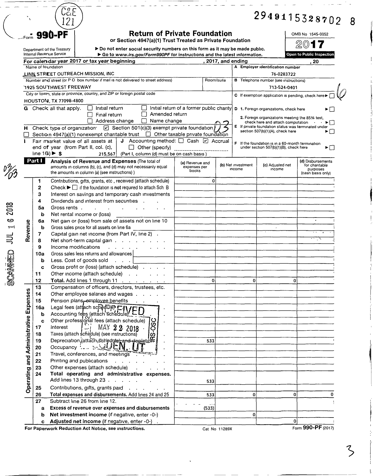 Image of first page of 2017 Form 990PF for Linn Street Outreach Mission