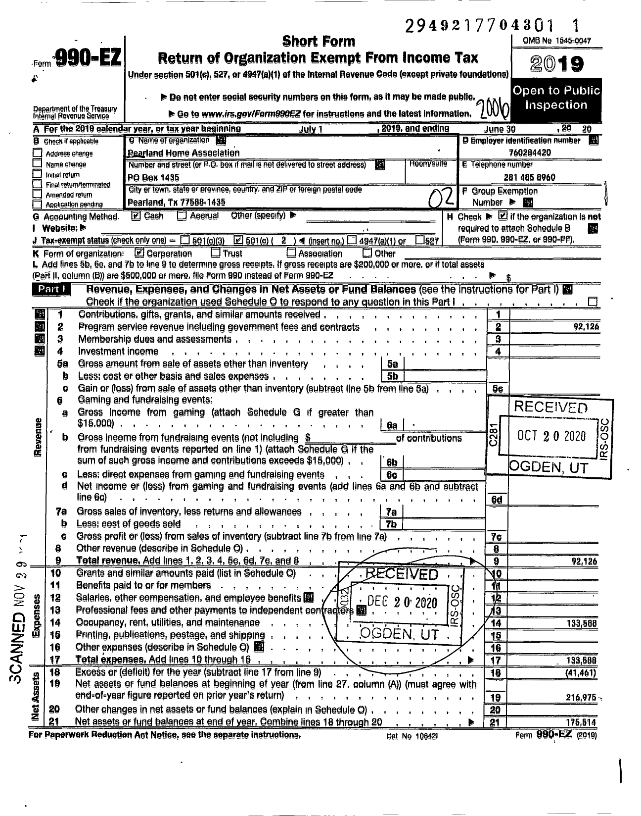 Image of first page of 2019 Form 990EO for Pearland Home Association Charter 0113534