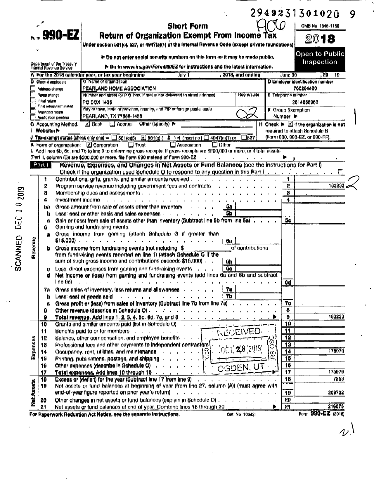 Image of first page of 2018 Form 990EO for Pearland Home Association Charter 0113534
