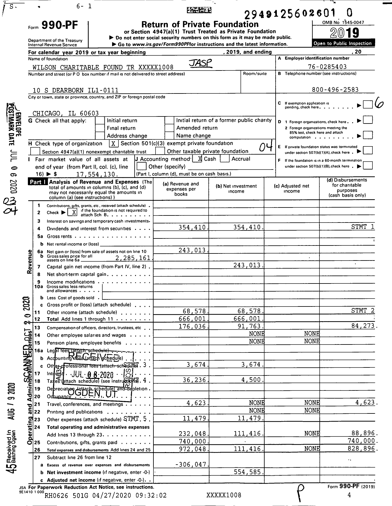 Image of first page of 2019 Form 990PR for Wilson Charitable Found TR XXXXX1008