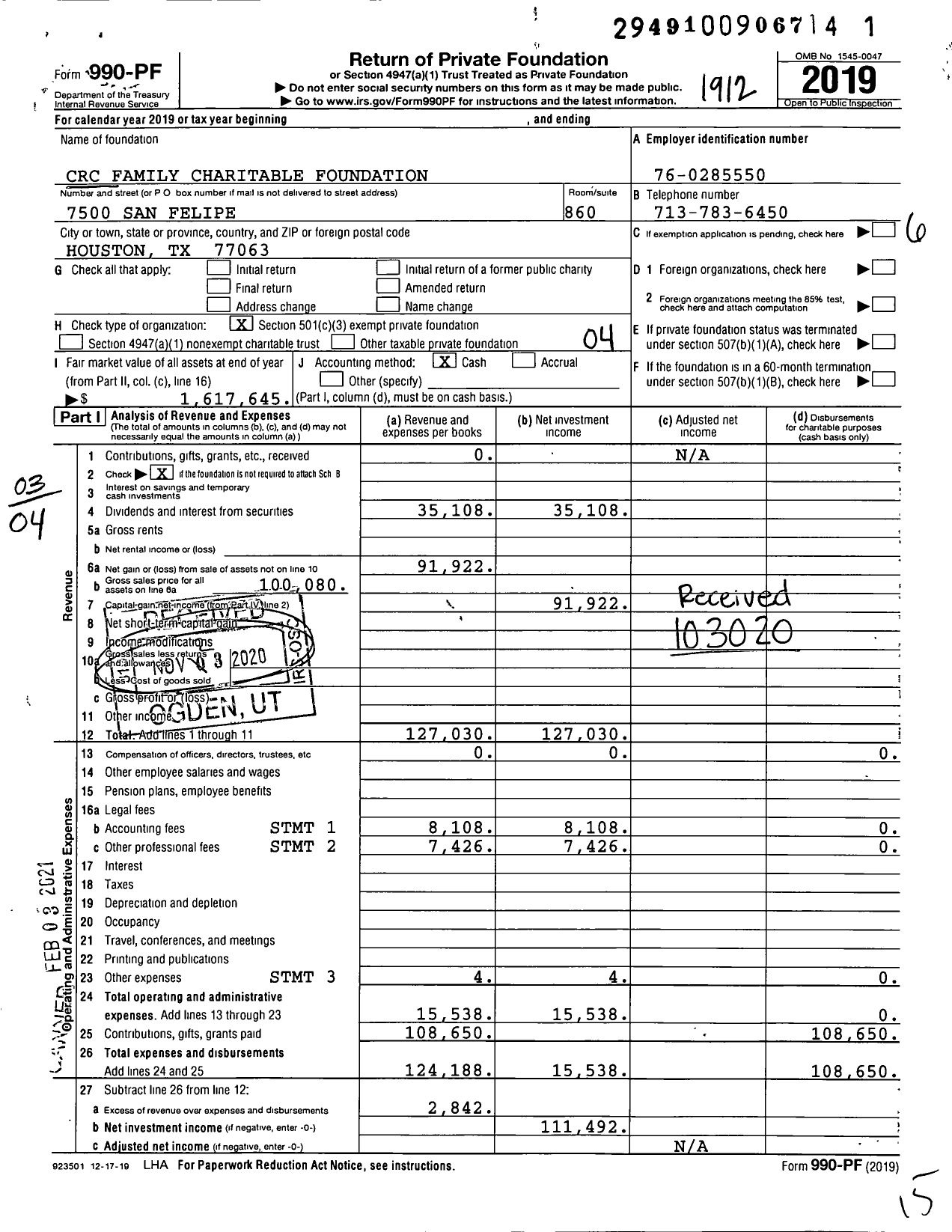 Image of first page of 2019 Form 990PF for CRC Family Charitable Foundation