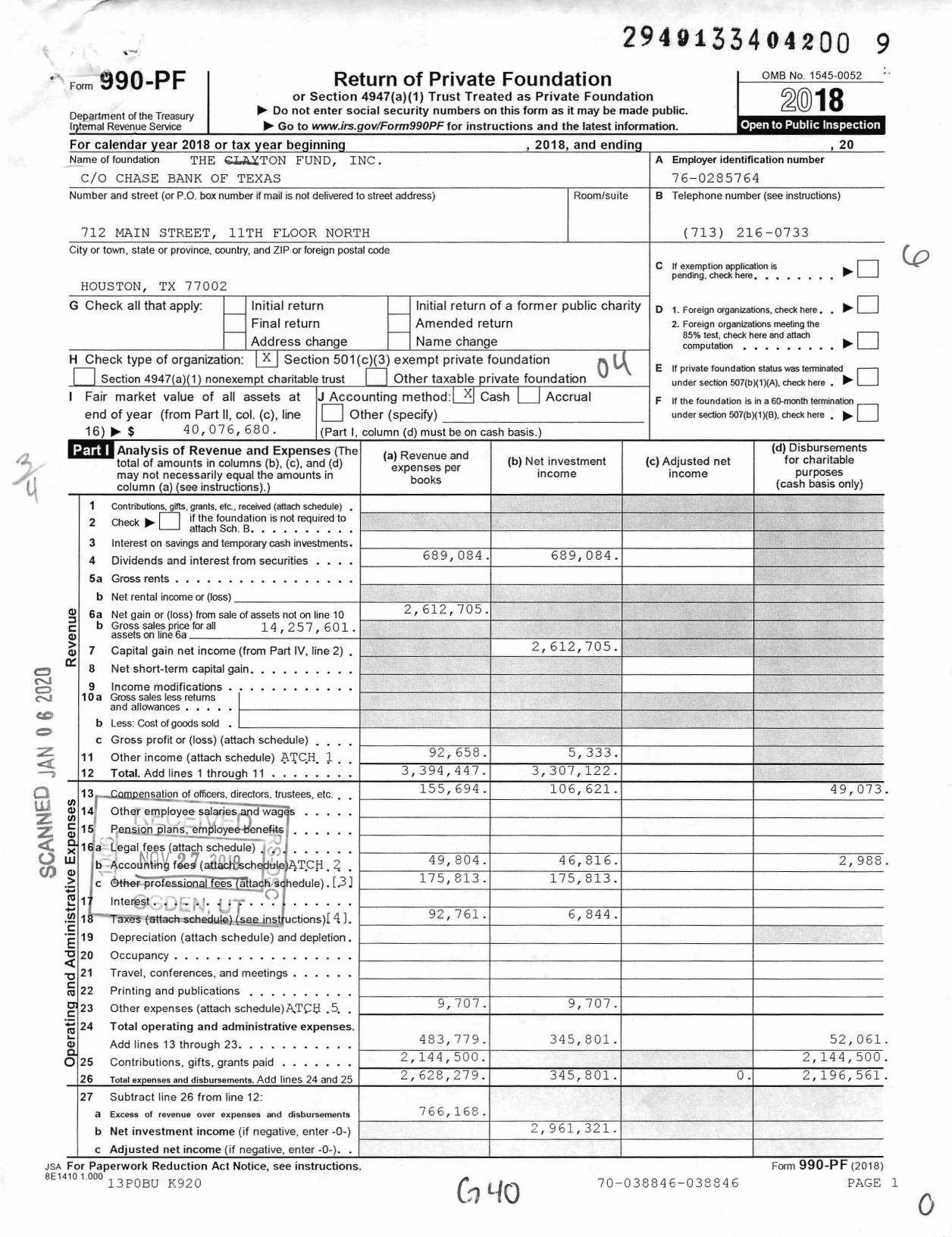 Image of first page of 2018 Form 990PF for Clayton Fund