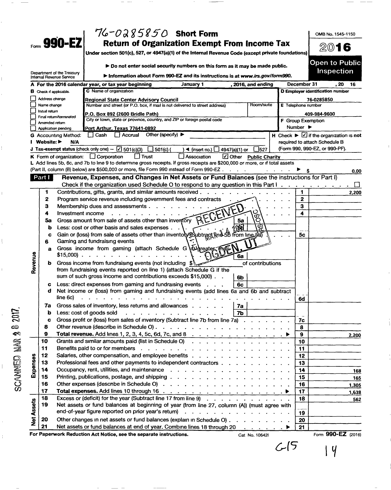 Image of first page of 2016 Form 990EZ for Regional State Center Advisory Council