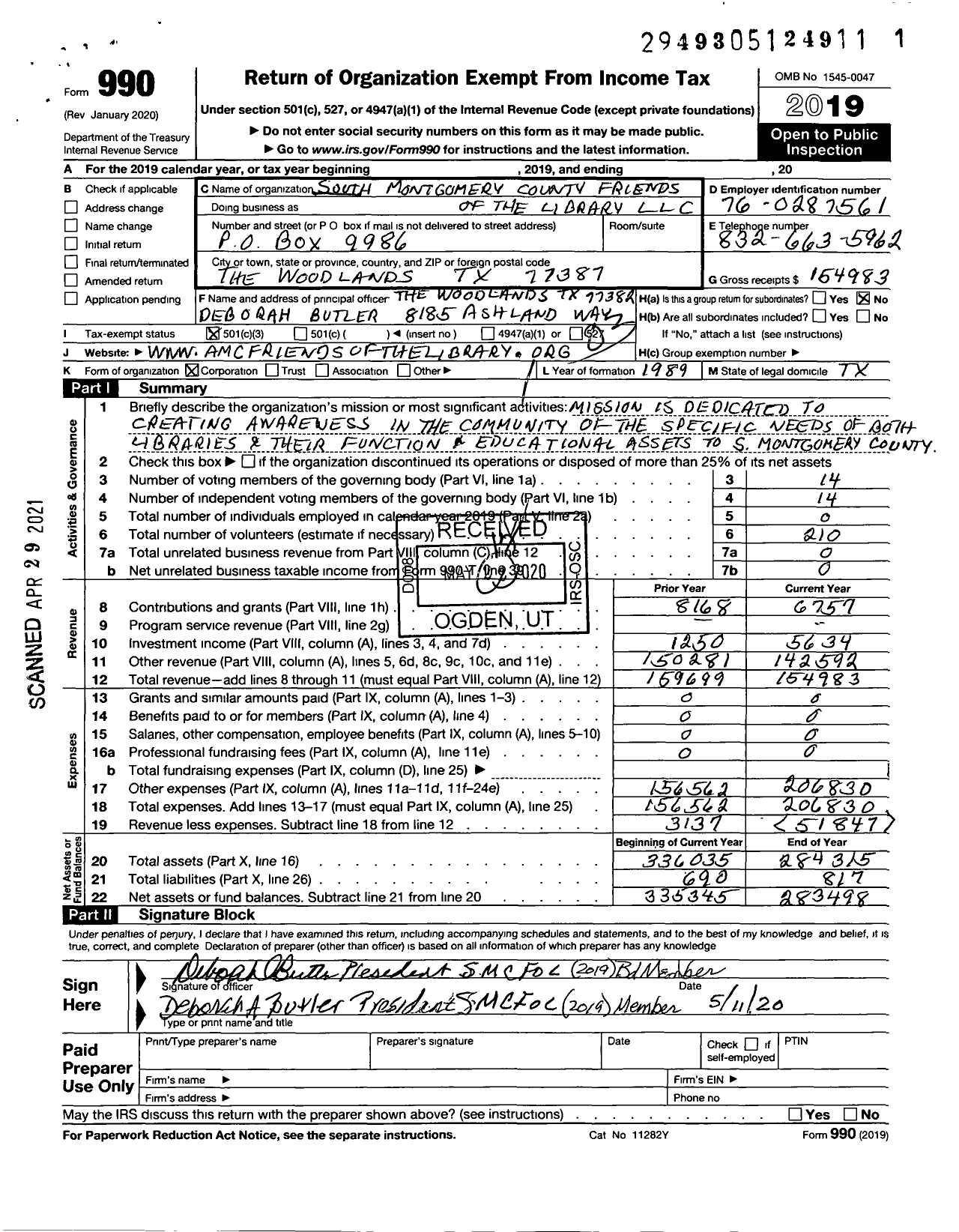 Image of first page of 2019 Form 990 for South Montgomery County Friends of the Library