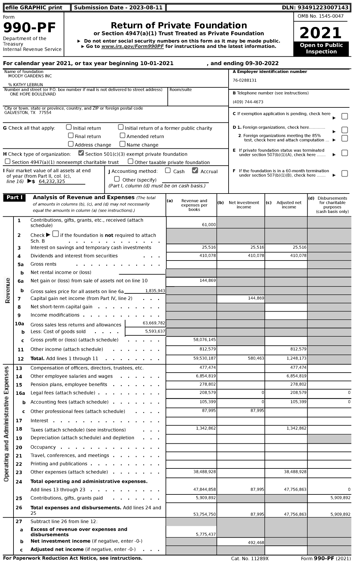 Image of first page of 2021 Form 990PF for Moody Gardens