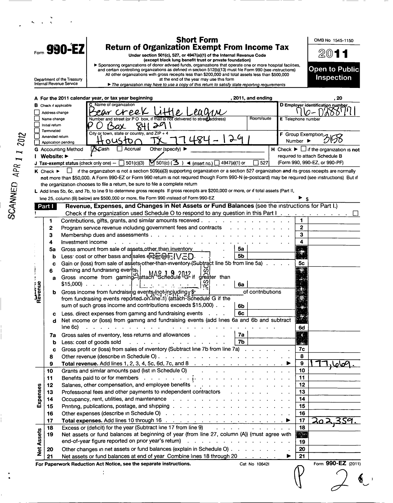 Image of first page of 2011 Form 990EZ for Little League Baseball - 3431601 Bear Creek LL