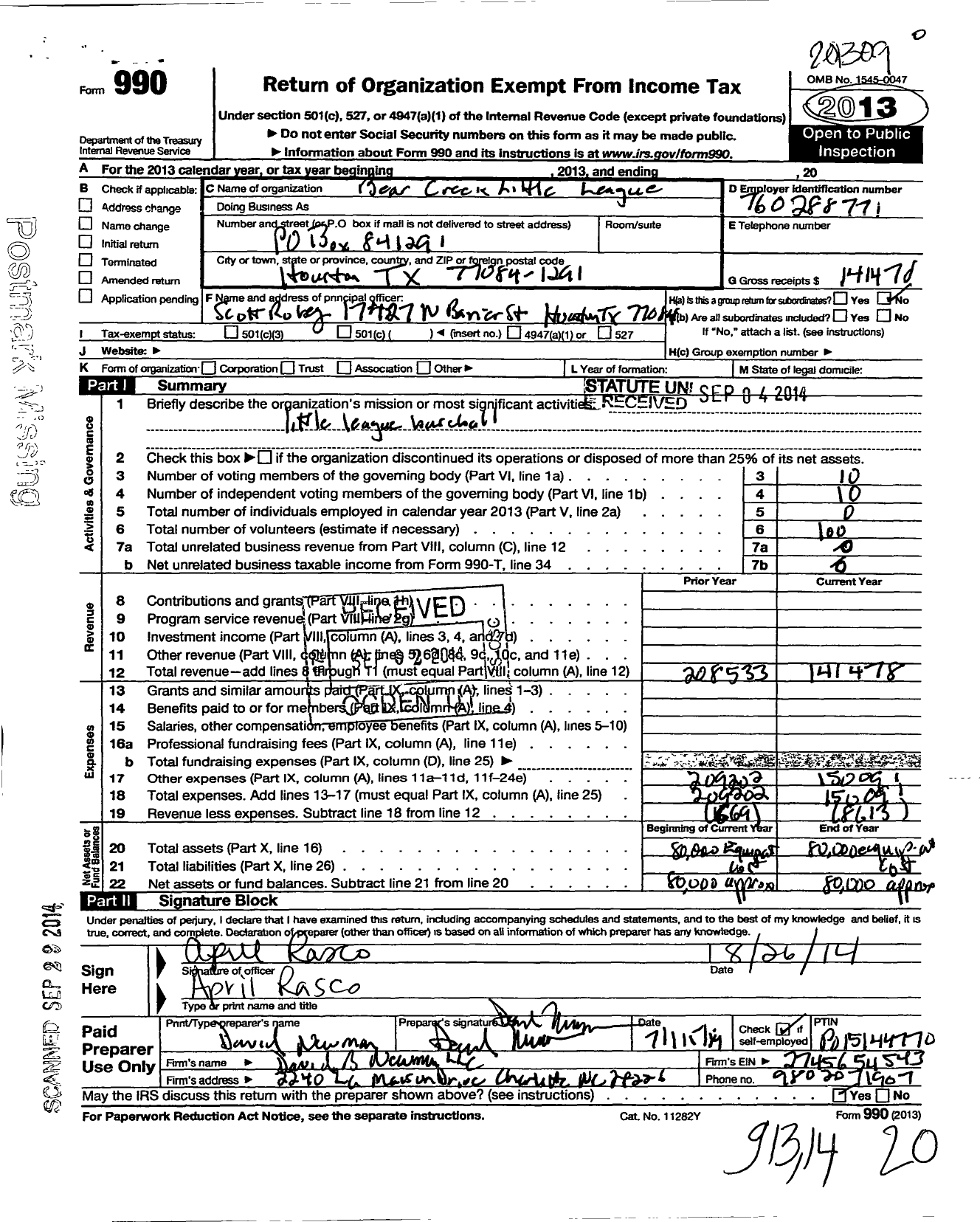 Image of first page of 2012 Form 990O for Little League Baseball - 3431601 Bear Creek LL