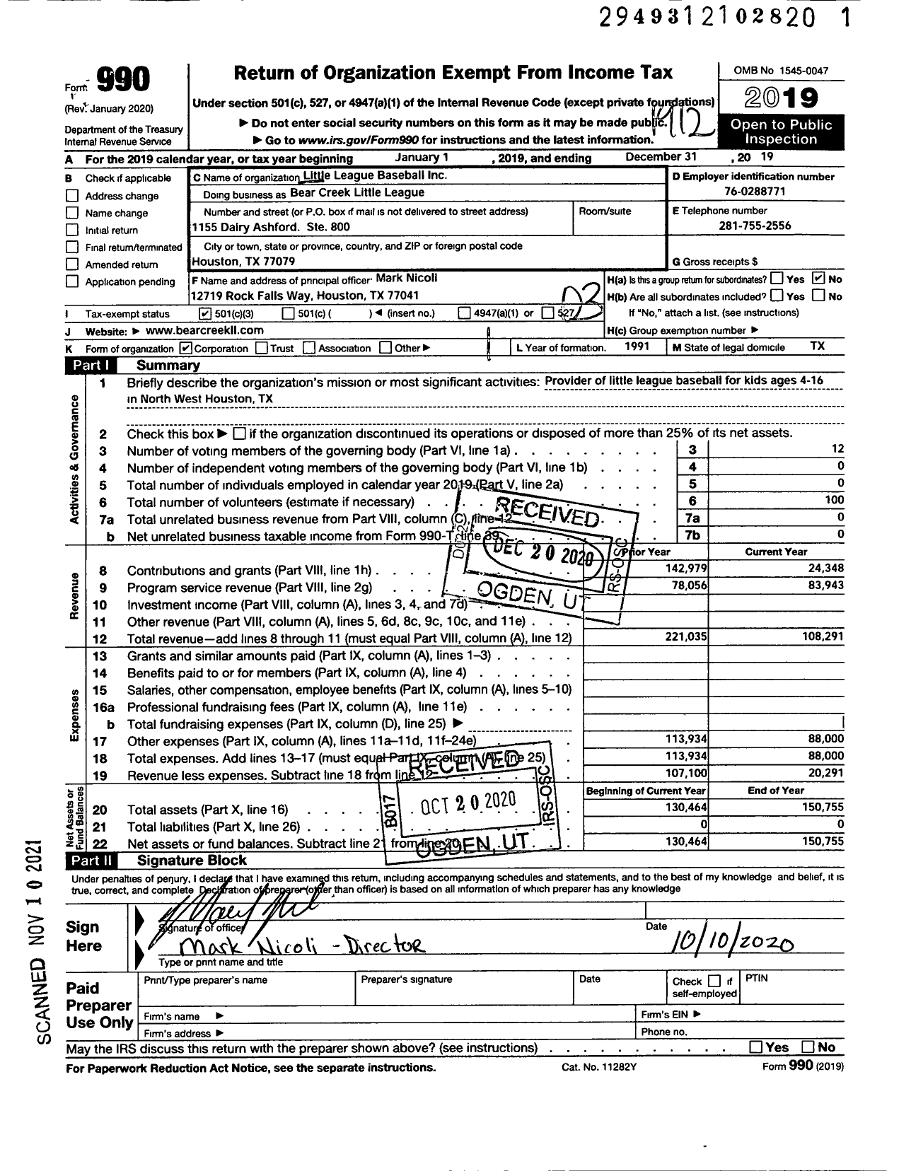 Image of first page of 2019 Form 990 for Little League Baseball - 3431601 Bear Creek LL