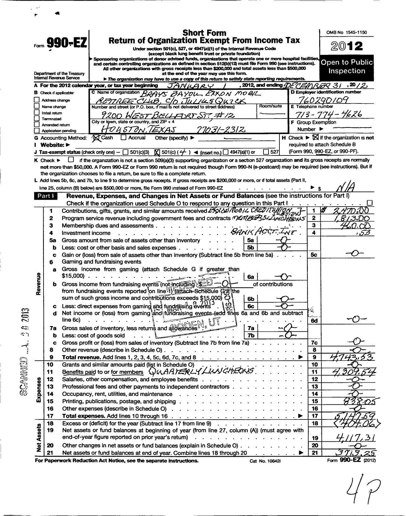 Image of first page of 2012 Form 990EO for Brays Bayou Exxonmobil Retiree Club