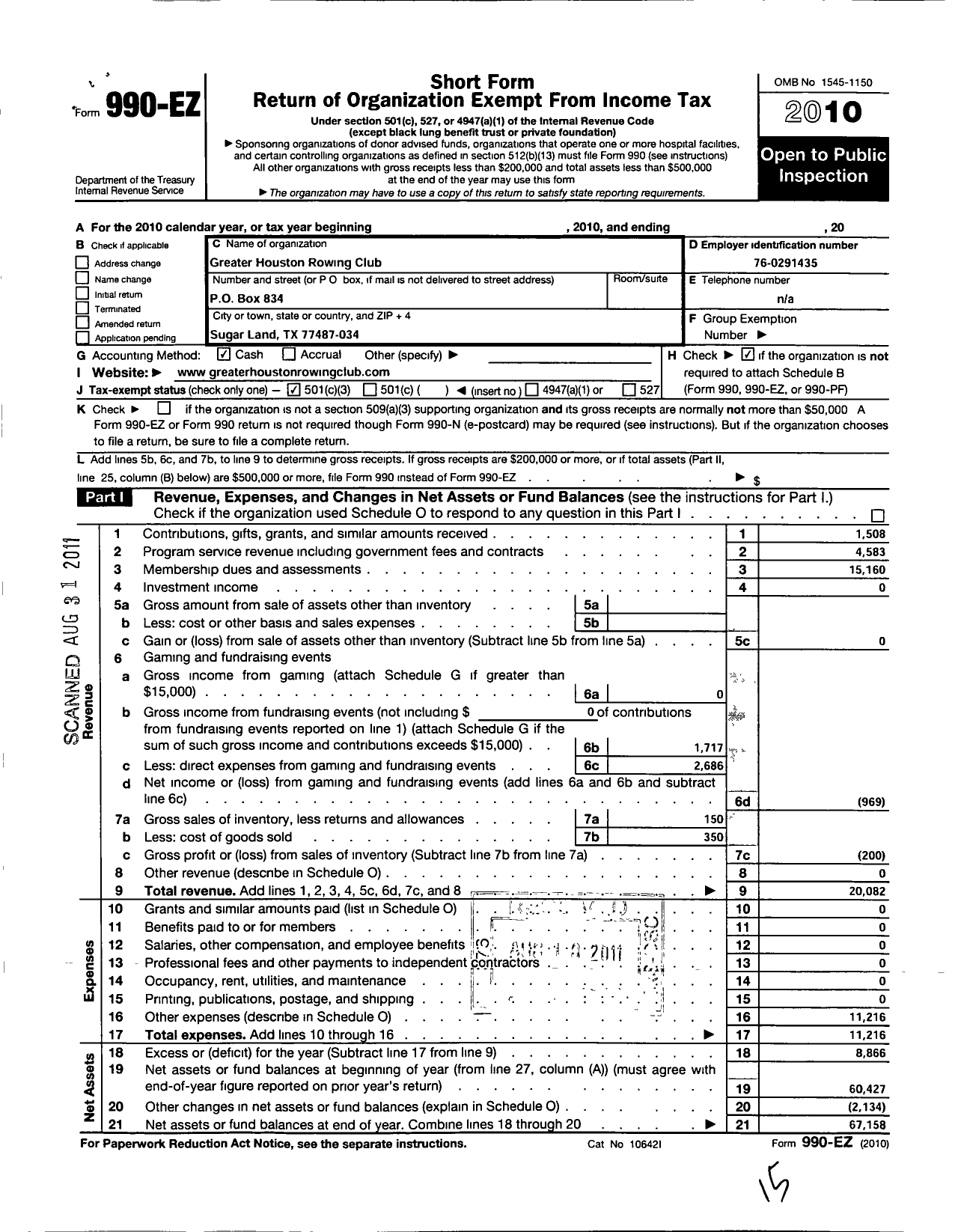 Image of first page of 2010 Form 990EZ for Greater Houston Rowing Club