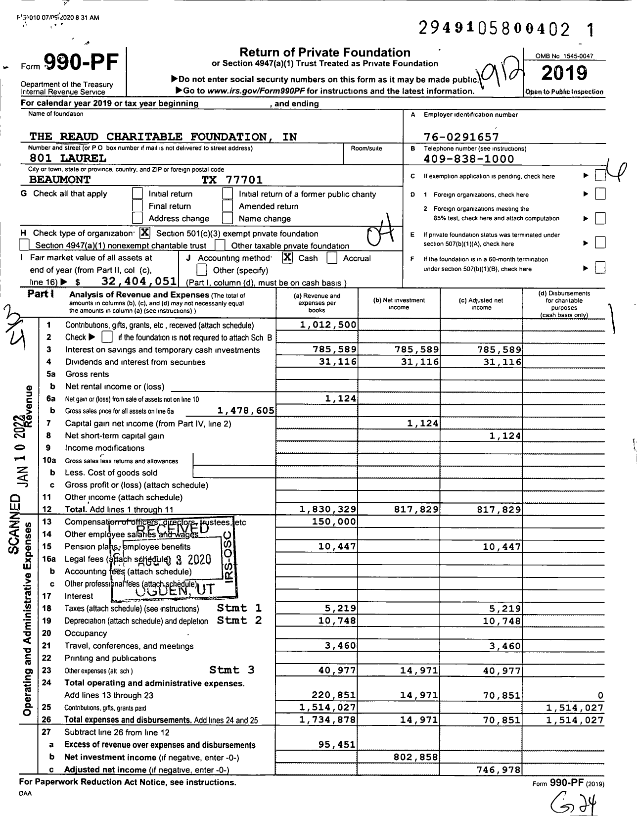 Image of first page of 2019 Form 990PF for The Reaud Charitable Foundation