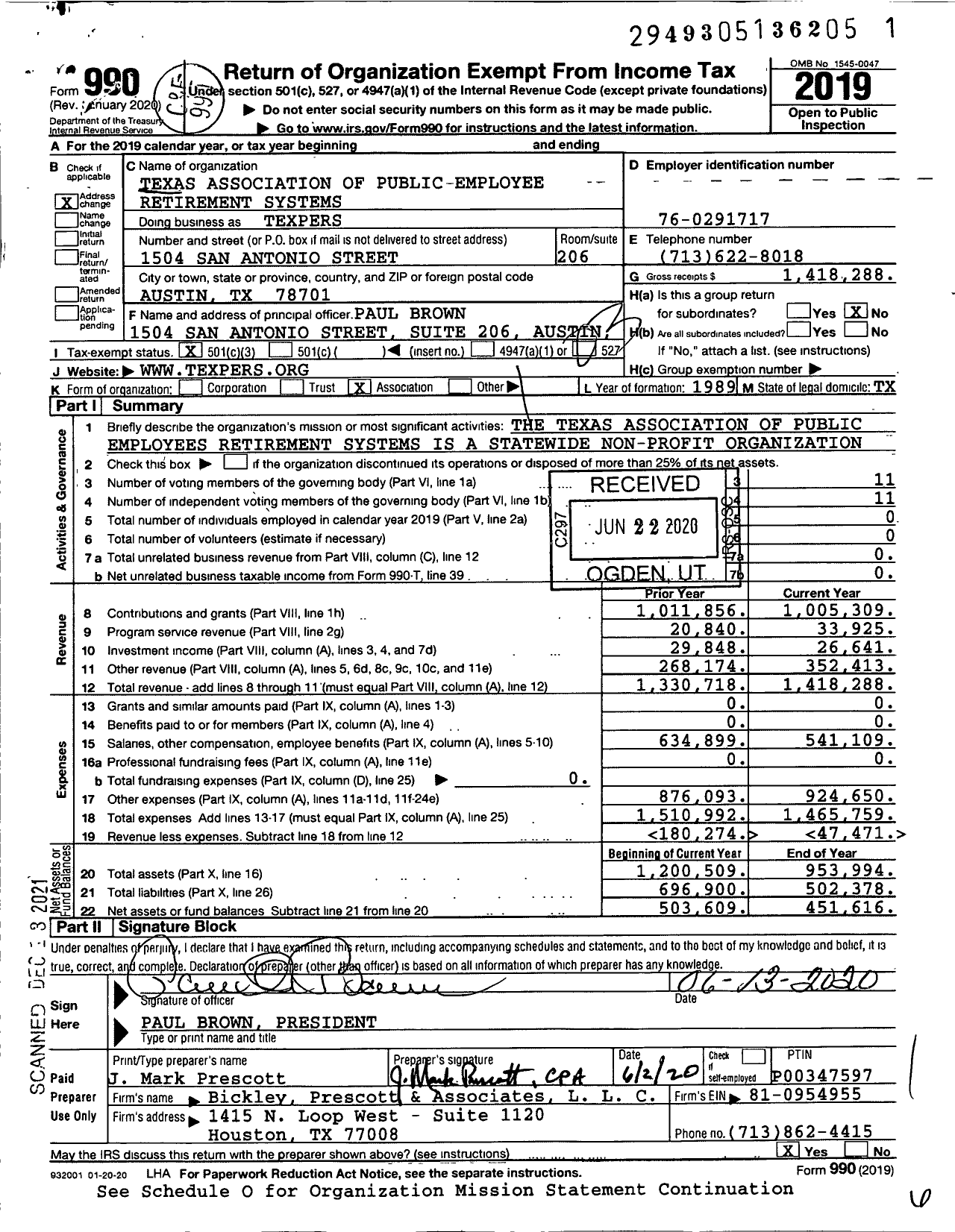 Image of first page of 2019 Form 990 for Texpers (TEXPERS)