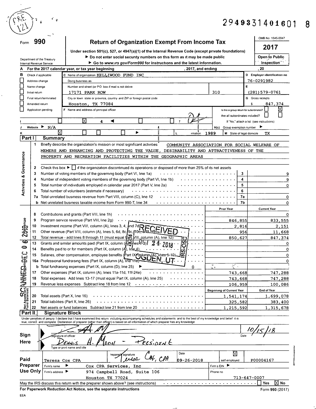 Image of first page of 2017 Form 990O for Kelliwood Fund