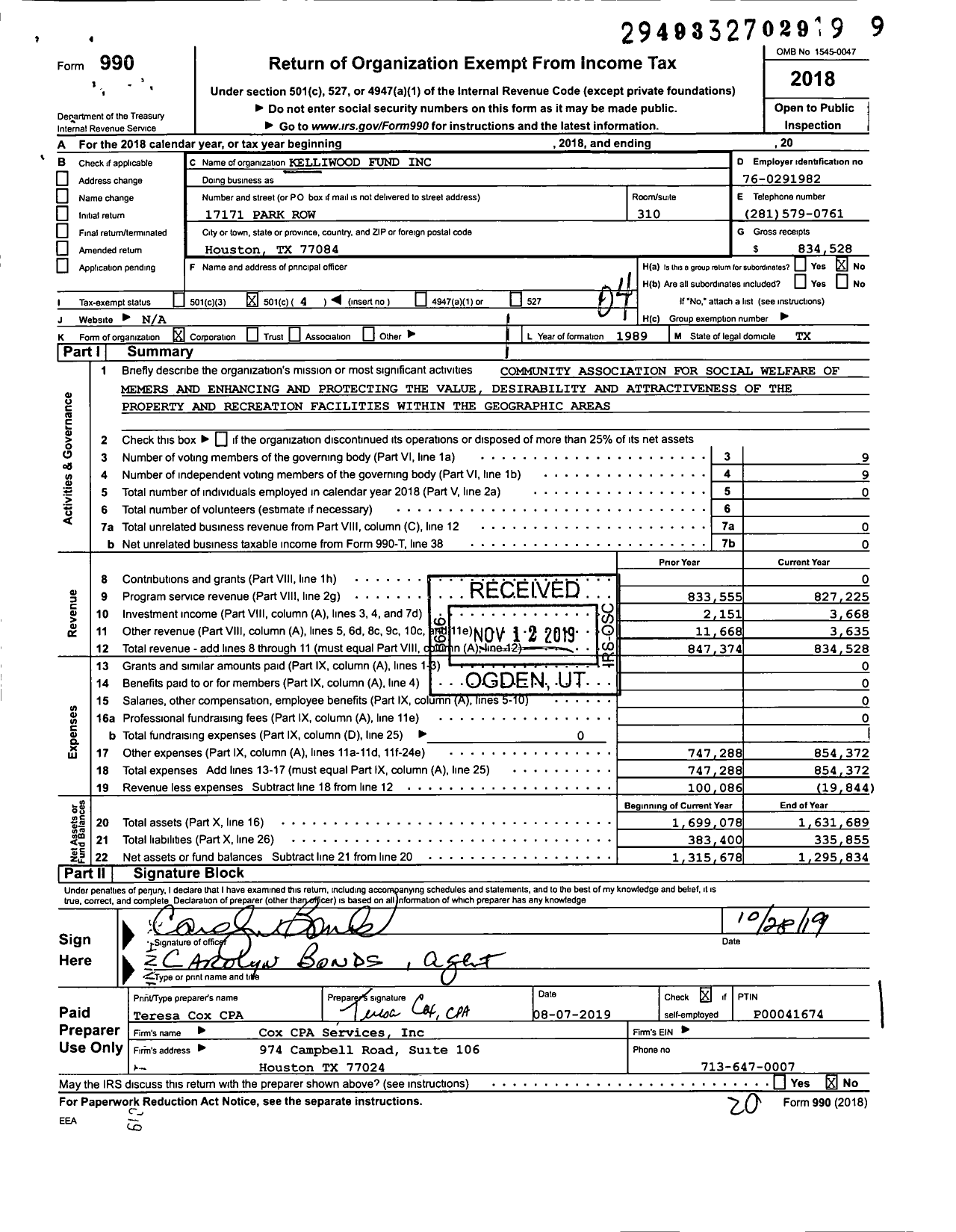 Image of first page of 2018 Form 990O for Kelliwood Fund