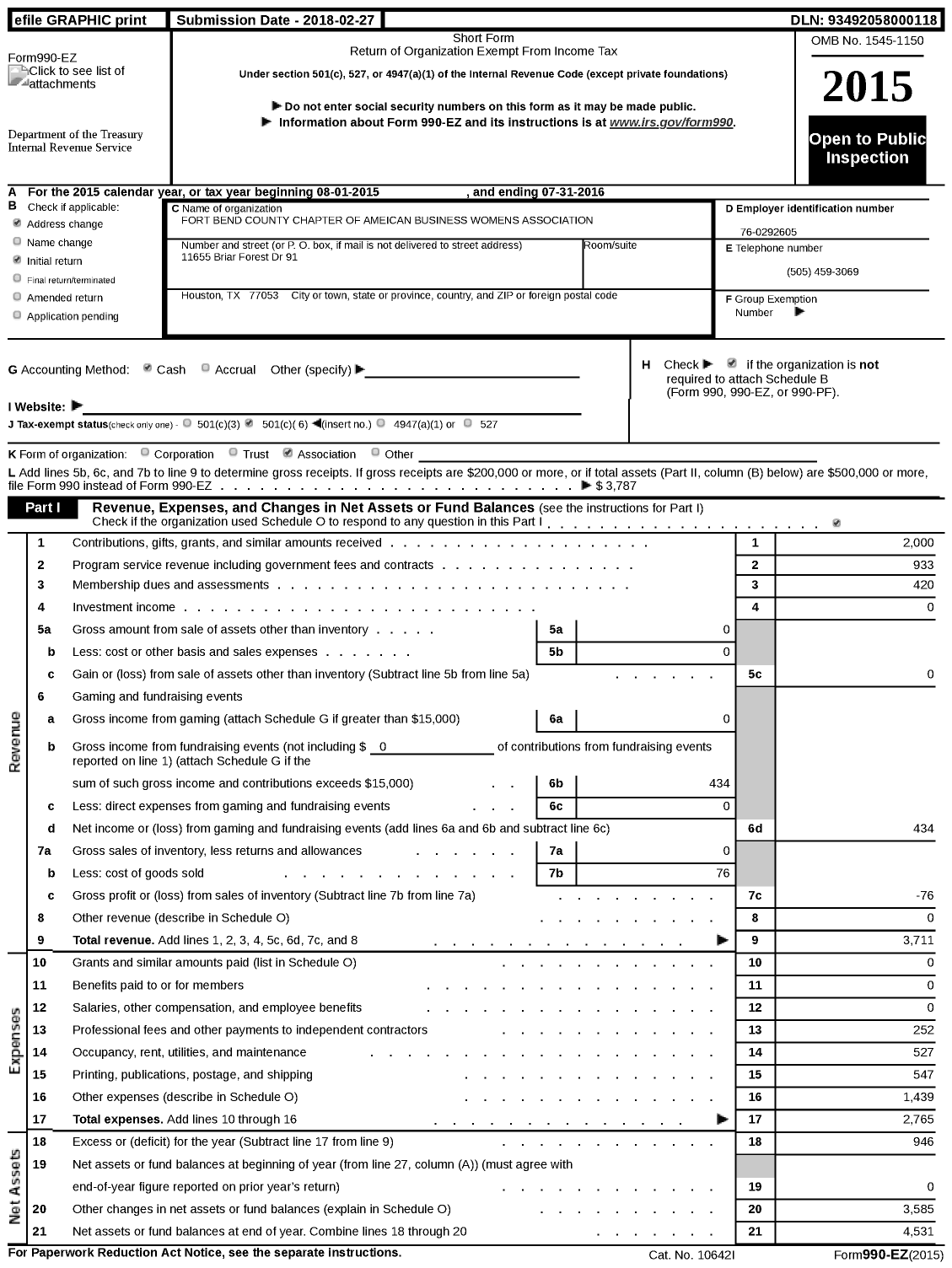 Image of first page of 2015 Form 990EZ for Fort Bend County Chapter of America N Business Womens Association