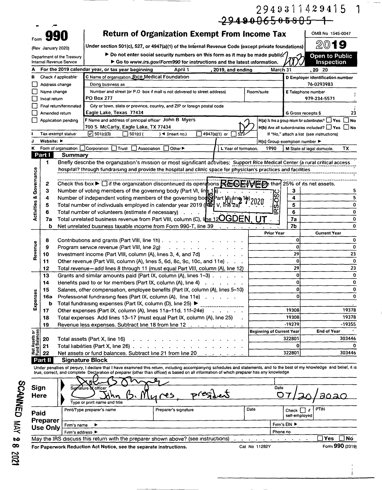 Image of first page of 2019 Form 990 for Rice Medical Foundation