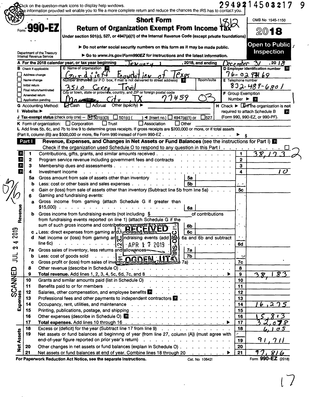 Image of first page of 2018 Form 990EZ for Gurdjieff Foundation of Texas