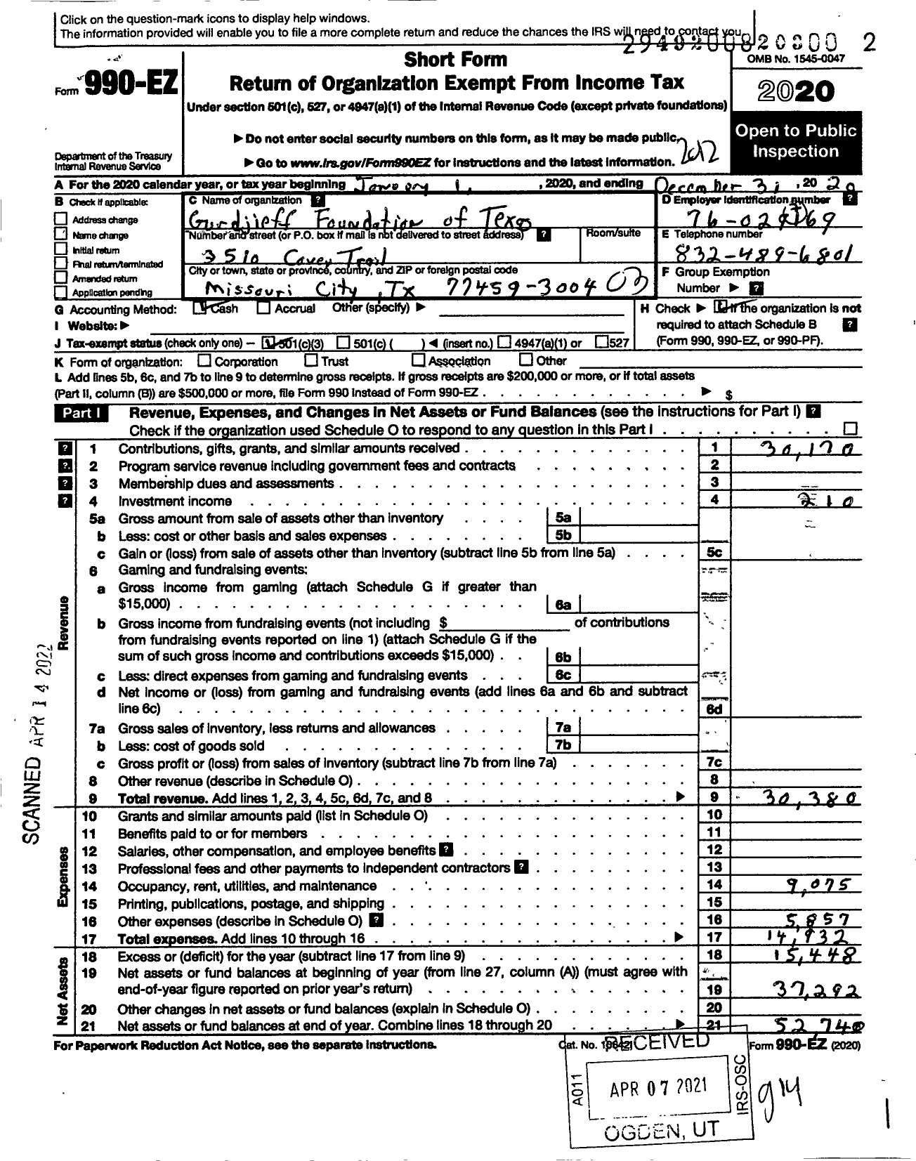 Image of first page of 2020 Form 990EZ for Gurdjieff Foundation of Texas