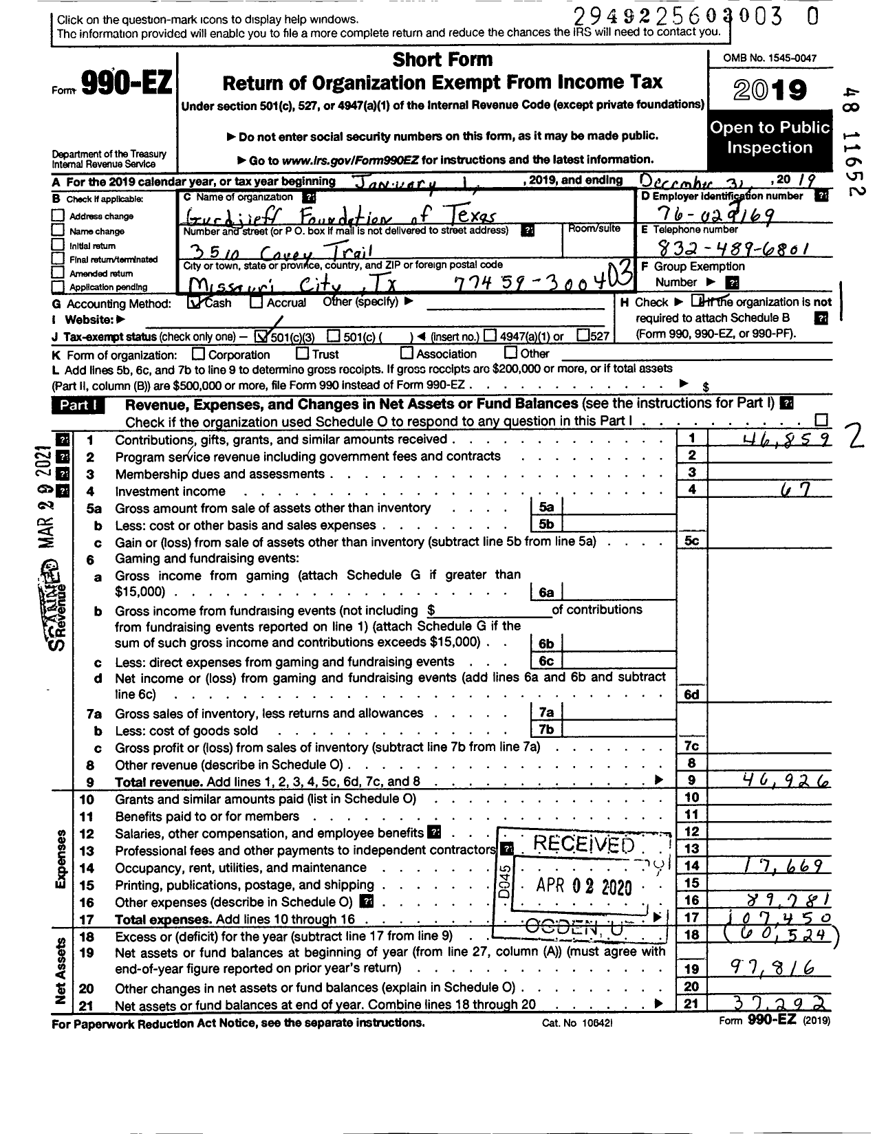 Image of first page of 2019 Form 990EZ for Gurdjieff Foundation of Texas