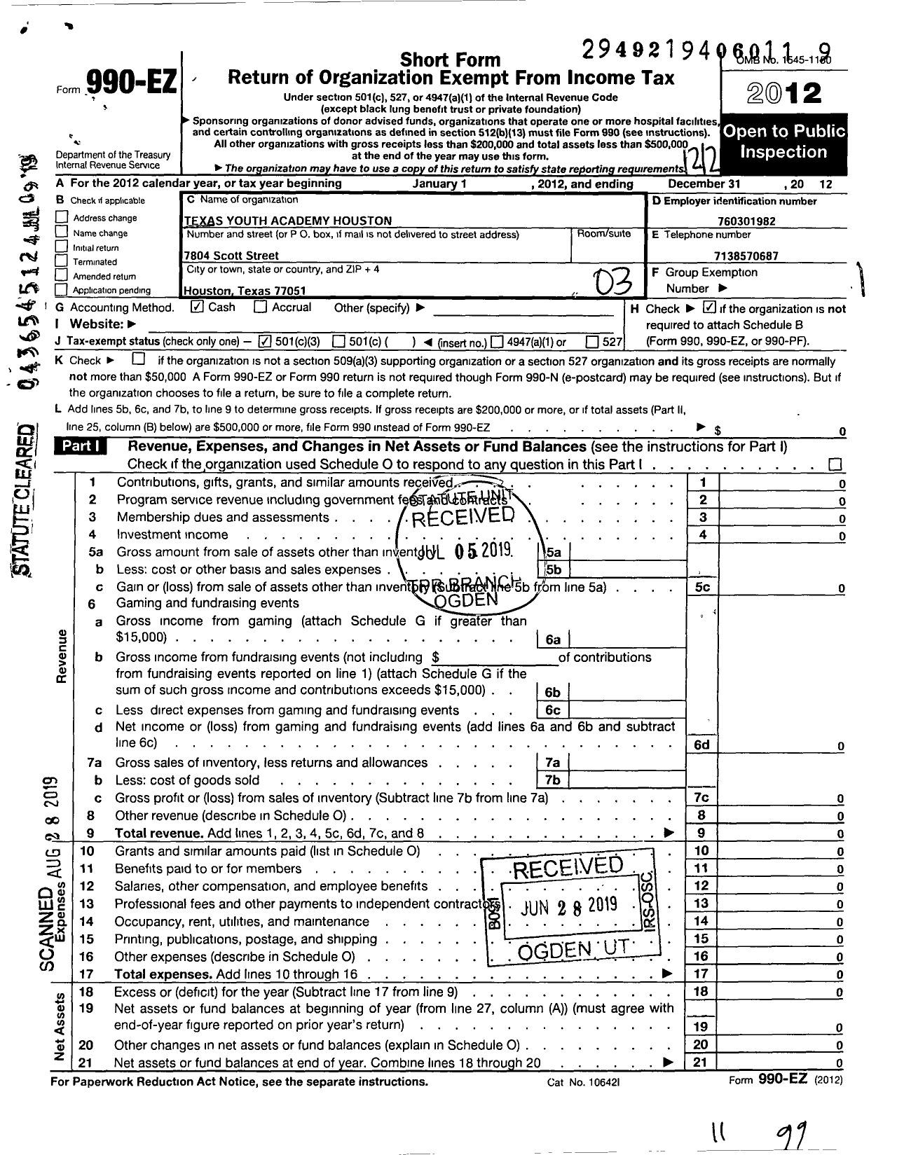 Image of first page of 2012 Form 990EZ for Texas Youth Academy-Houston