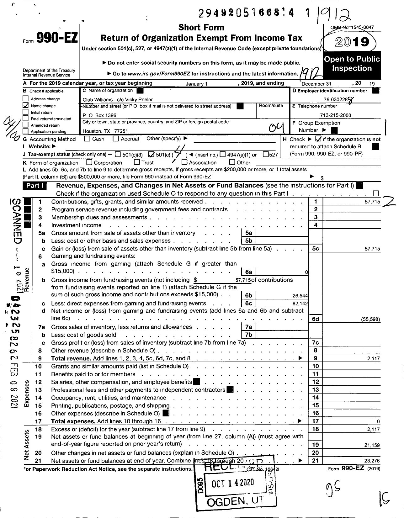 Image of first page of 2019 Form 990EO for Club Williams