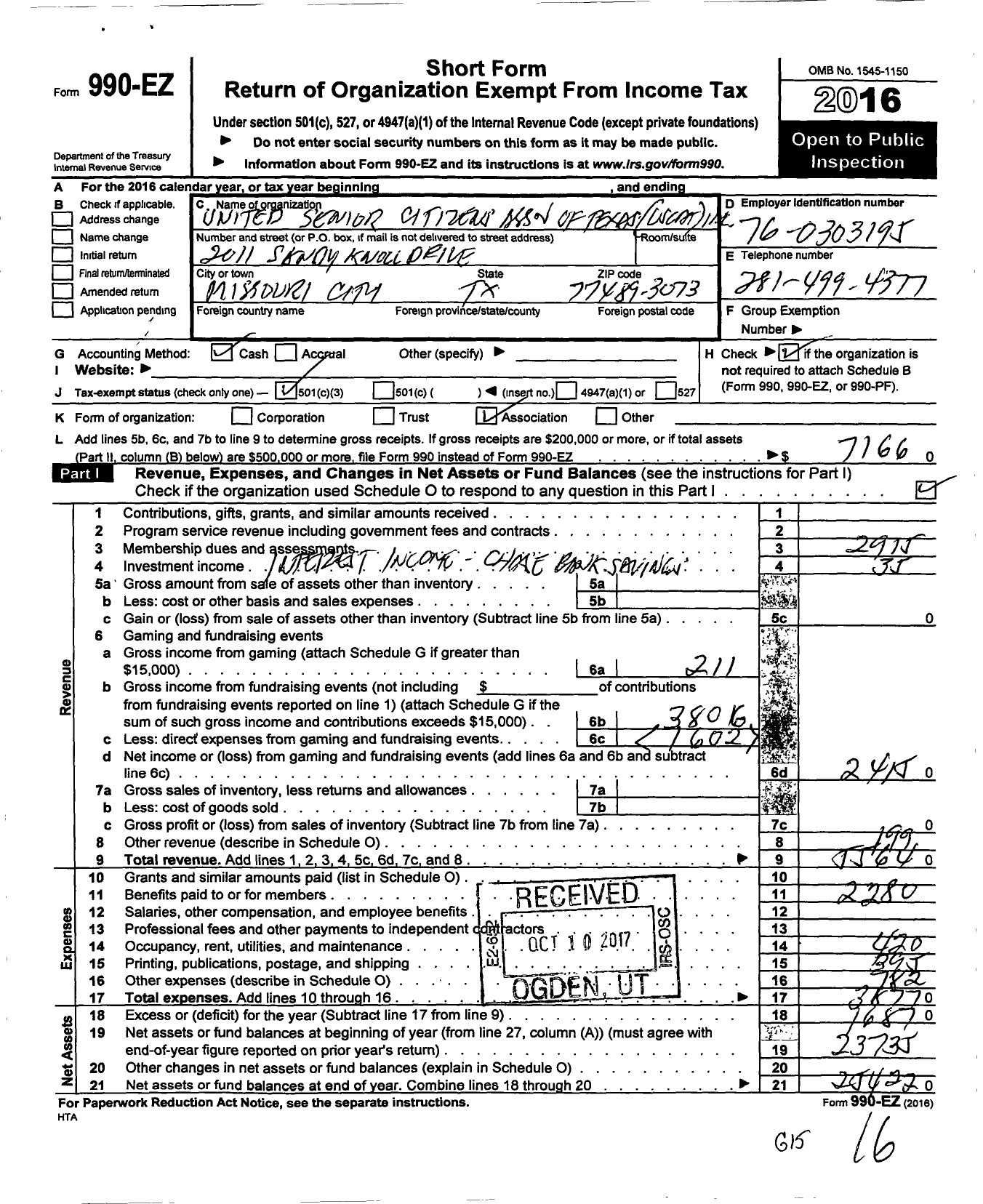 Image of first page of 2016 Form 990EZ for United Senior Citizens Association of Texas