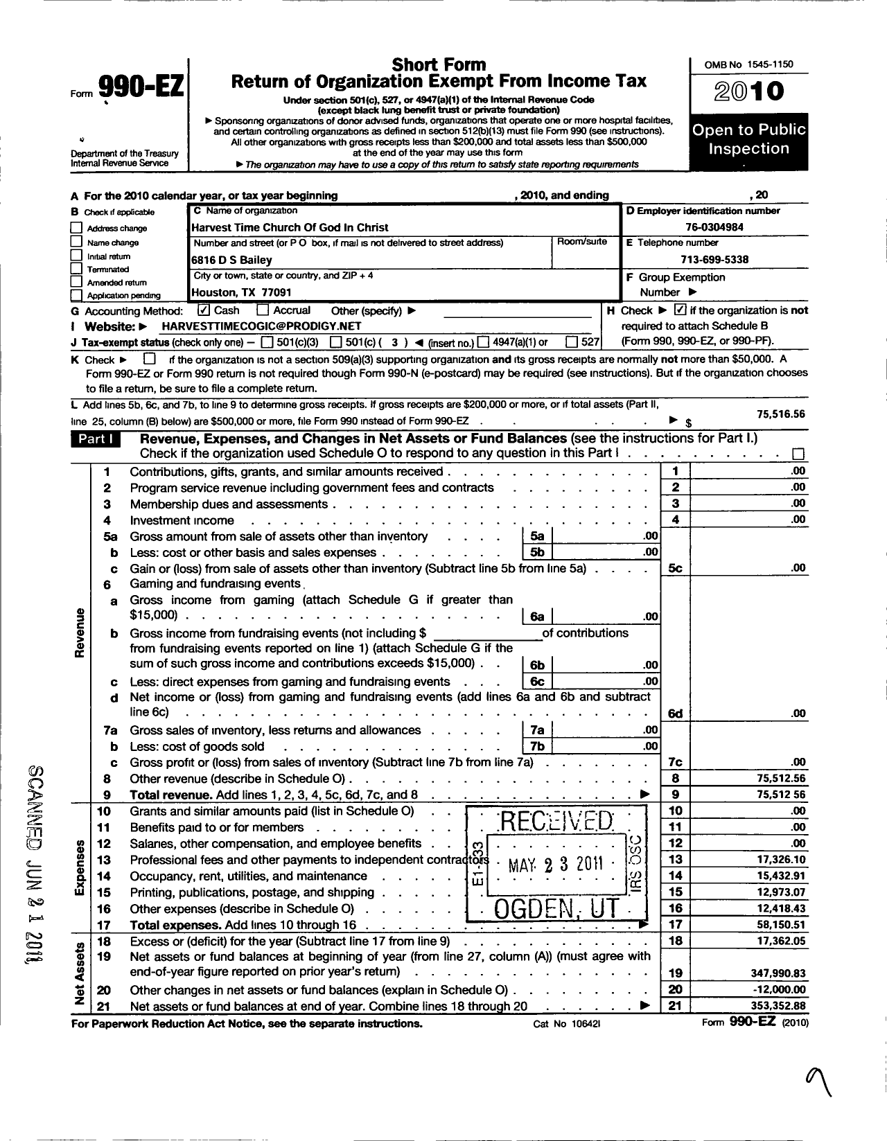 Image of first page of 2010 Form 990EZ for Harvest Time Church of God in Christ