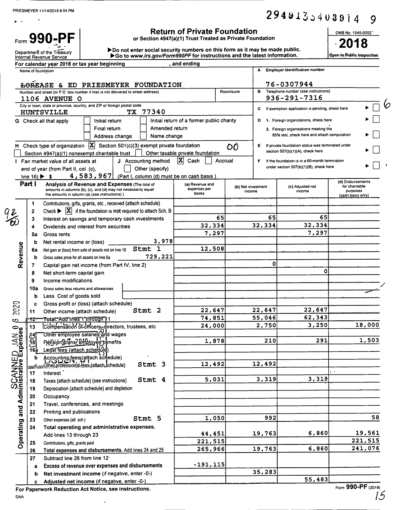 Image of first page of 2018 Form 990PF for Lorease and Ed Priesmeyer Foundation