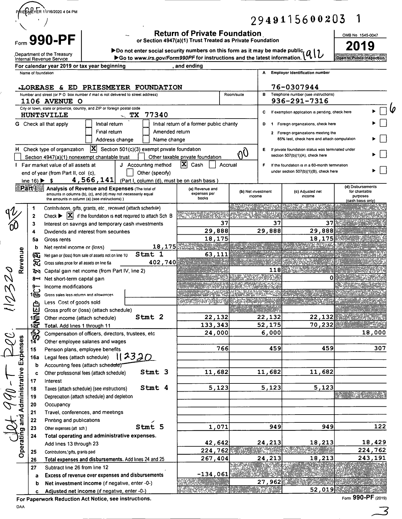 Image of first page of 2019 Form 990PF for Lorease and Ed Priesmeyer Foundation