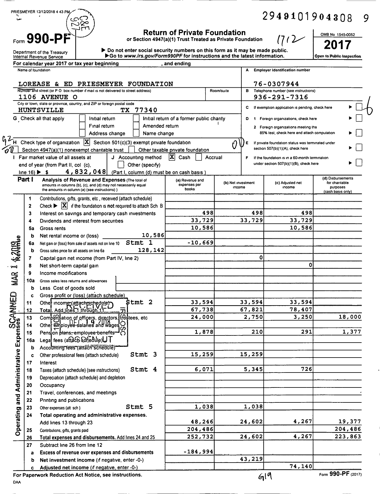 Image of first page of 2017 Form 990PF for Lorease and Ed Priesmeyer Foundation