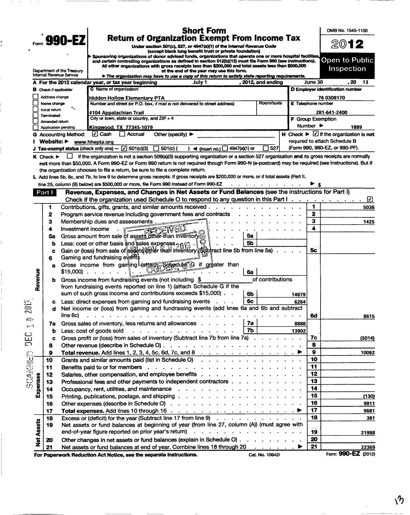 Image of first page of 2012 Form 990EZ for Texas PTA - 5442 Hidden Hollow Elementary