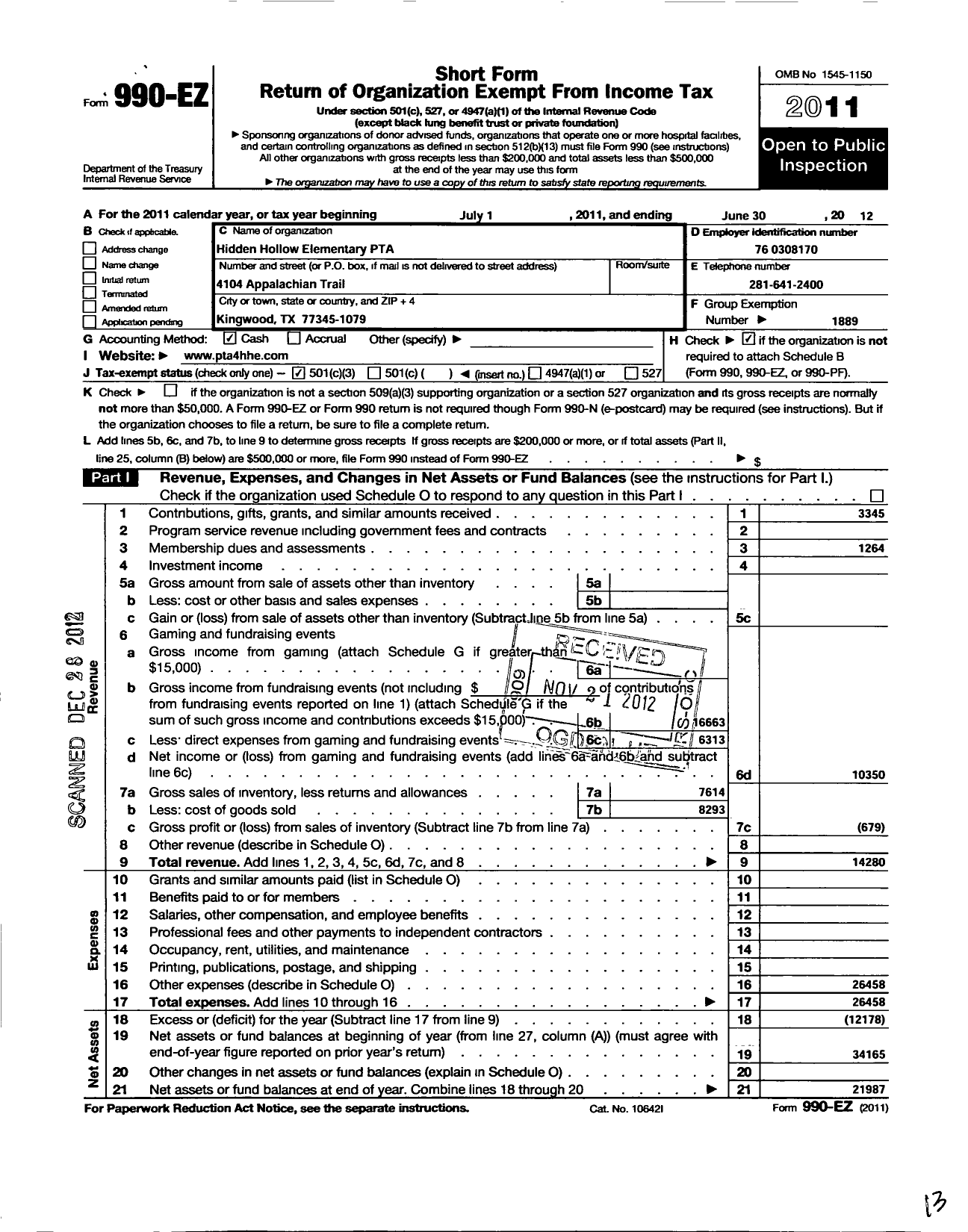 Image of first page of 2011 Form 990EZ for Texas PTA - 5442 Hidden Hollow Elementary