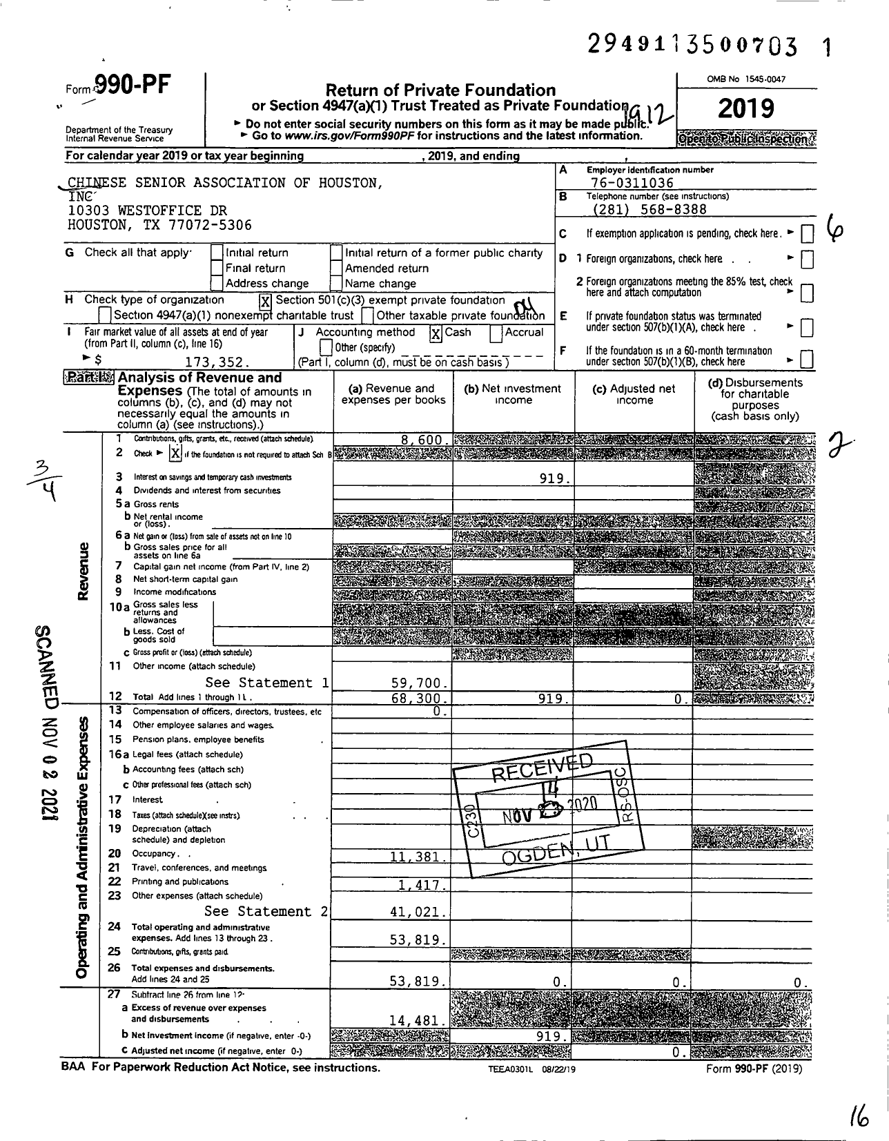 Image of first page of 2019 Form 990PF for Chinese Seniors Association of Houston