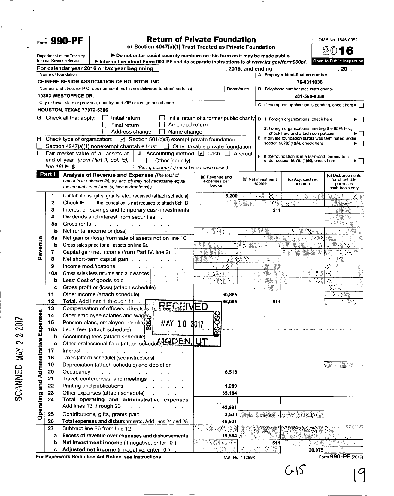 Image of first page of 2016 Form 990PF for Chinese Seniors Association of Houston