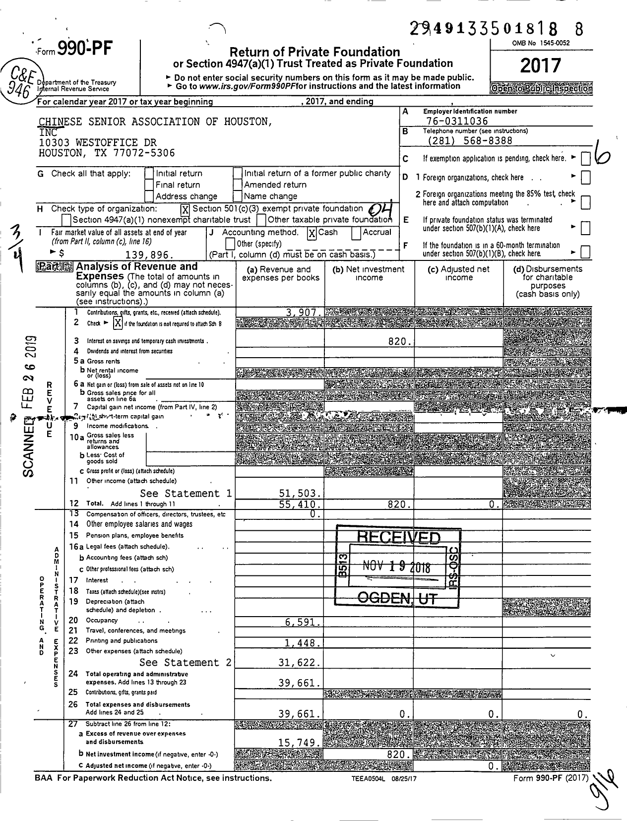 Image of first page of 2017 Form 990PF for Chinese Seniors Association of Houston