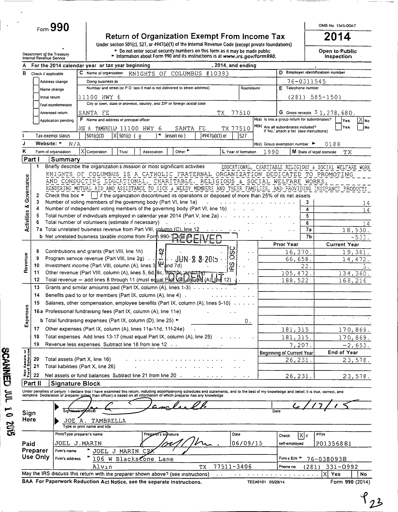 Image of first page of 2014 Form 990O for Knights of Columbus - 10393 Our Lady of Lourdes Council